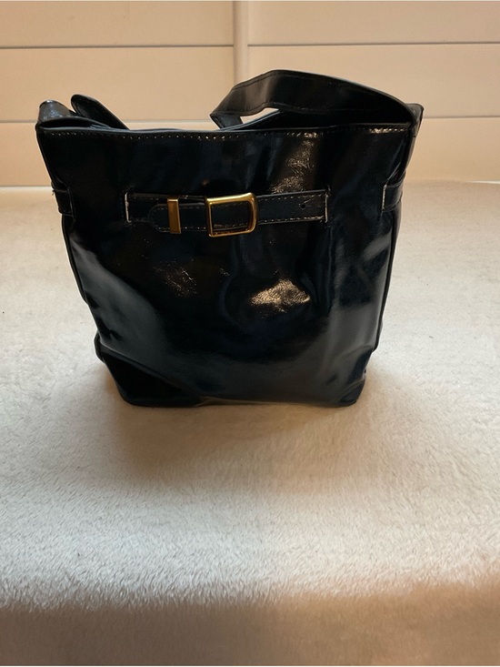 None Handbags - Sleek Black Patent Shoulder Bag with Gold Buckle Accent